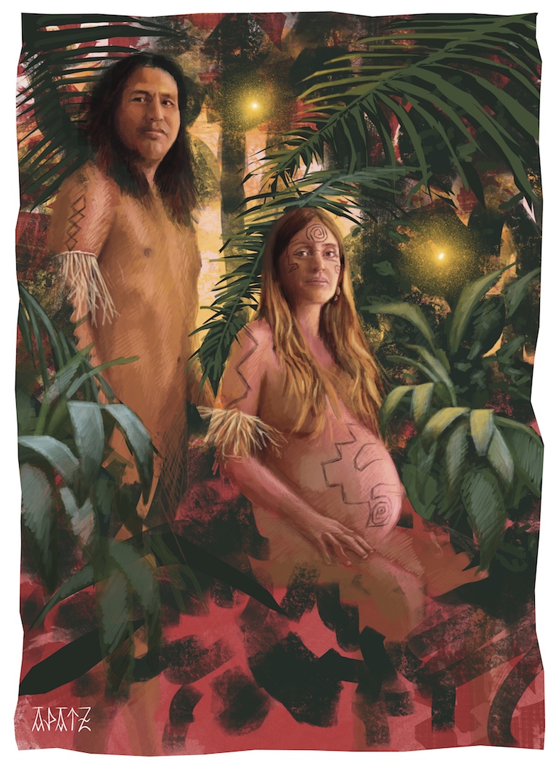 Couple nu dans la jungle péruvienne. La femme est assise et enceinte. Deux lucioles illuminent les visages et les plantes.